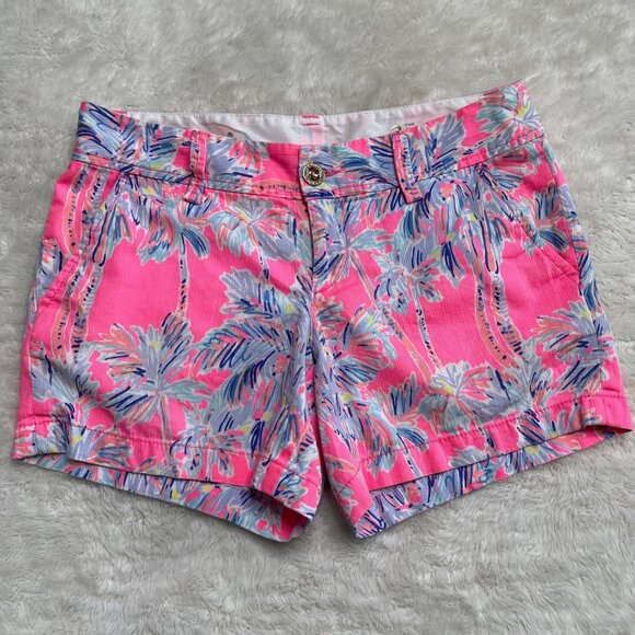 Lilly Pulitzer #19280 Women's Pink Blue Palm Trees Print Callahan Shorts Size 2 - Picture 1 of 11